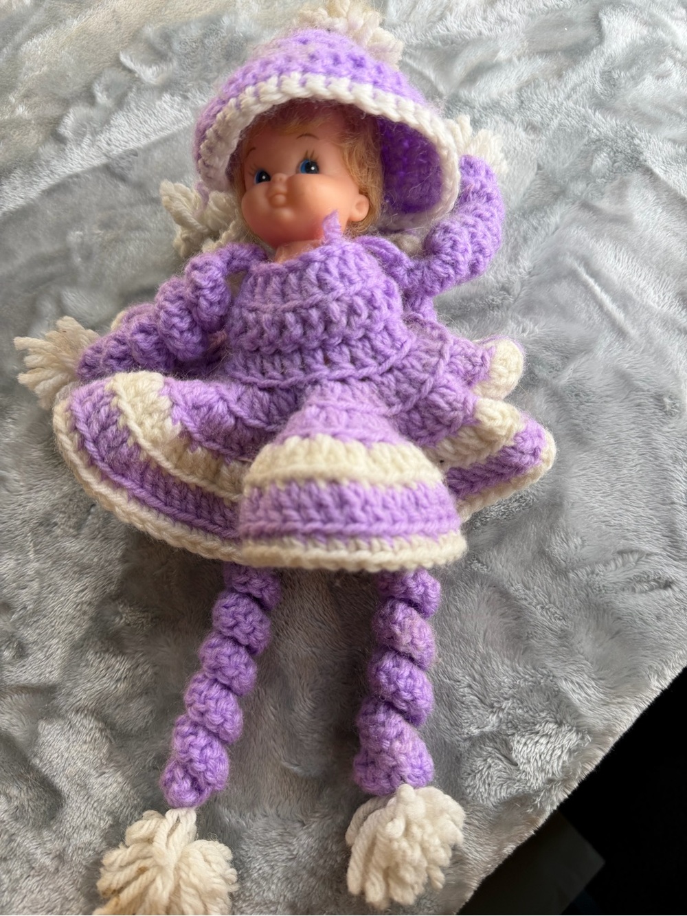 Vintage Handmade Lavender Crochet Doll with Cream Trim - Brand